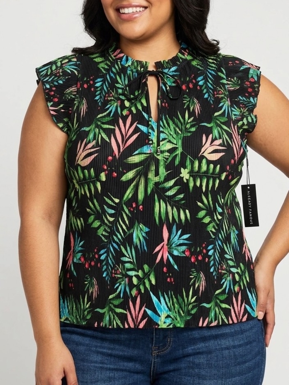 Black Tropical Print Tie-Neck Flutter Sleeve Top Absolutely Famous